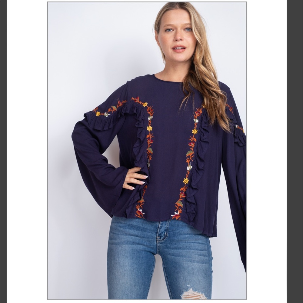 Round Neck Top With Embroidery and Ruffle Details